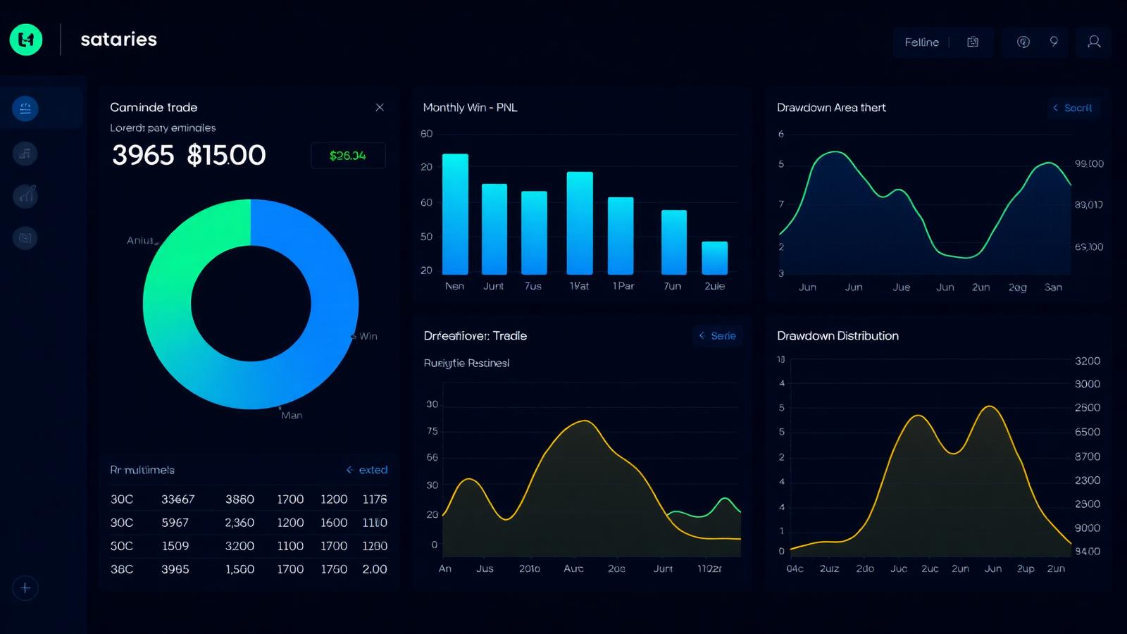 Analytics dashboard showing win rate, monthly PnL, and drawdown charts