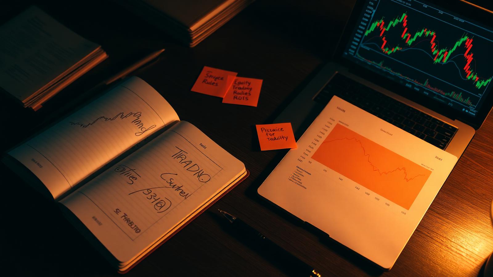 Trader reviewing notes and rules with a laptop showing charts