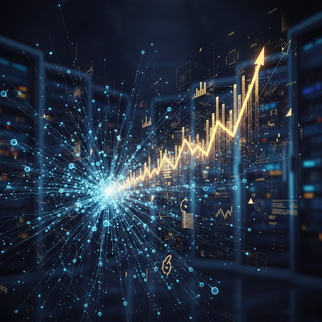 A dynamic, stylized depiction of AI circuits powering a rapidly growing financial graph, representing technological advancement and market impact.