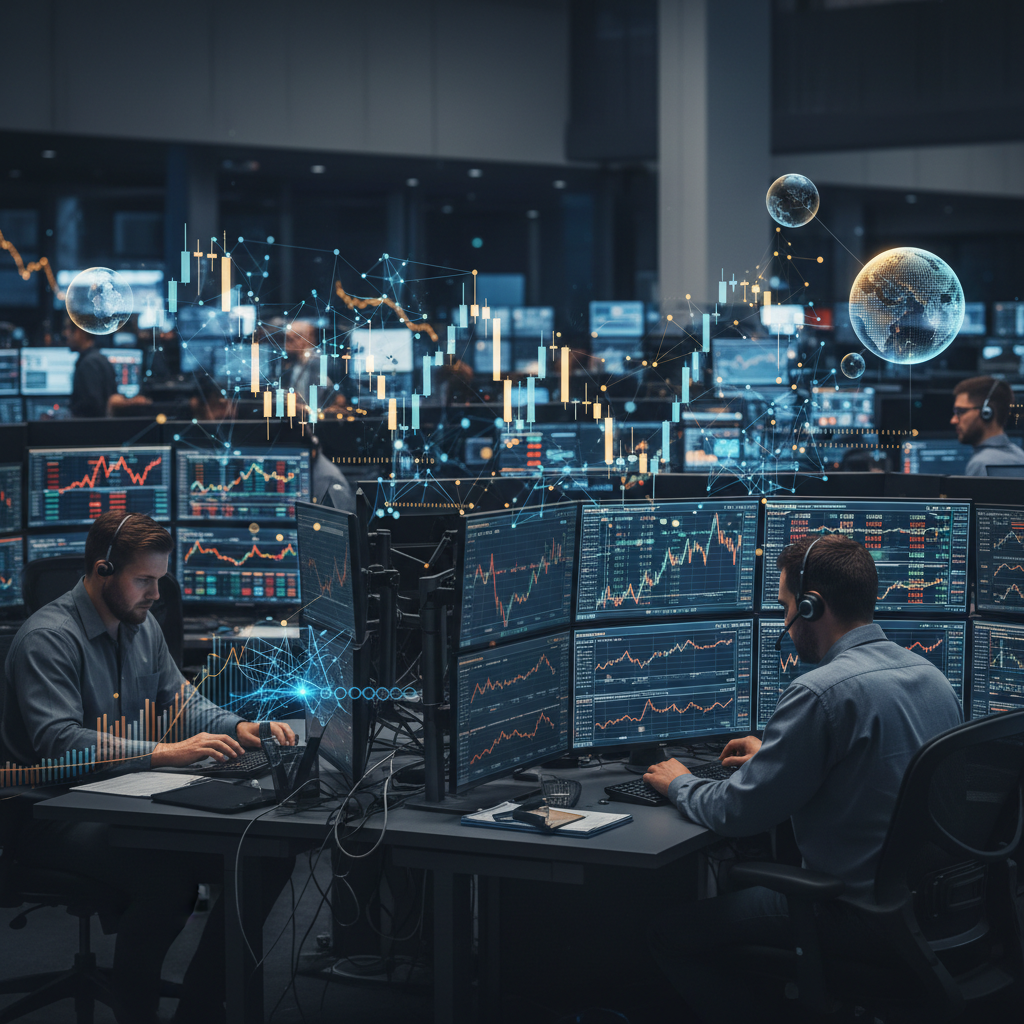 A busy trading floor with screens displaying complex financial charts and data, interspersed with subtle glowing AI nodes enhancing the information.