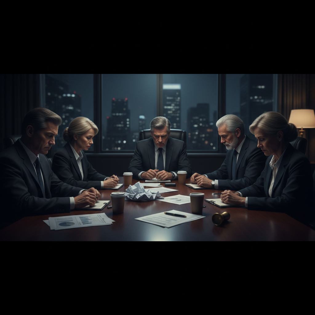 Boardroom scene with distressed executives